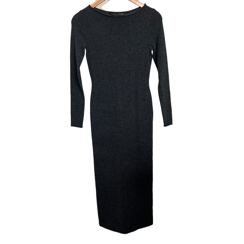 Ralph Lauren Black Label 100% Cashmere Gray Long Sleeve Sweater Midi Dress SZ XS